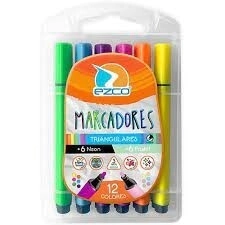 MARCADOR EZCO TRIANGULARES x 12u NEON + PASTEL (Valija plastica)