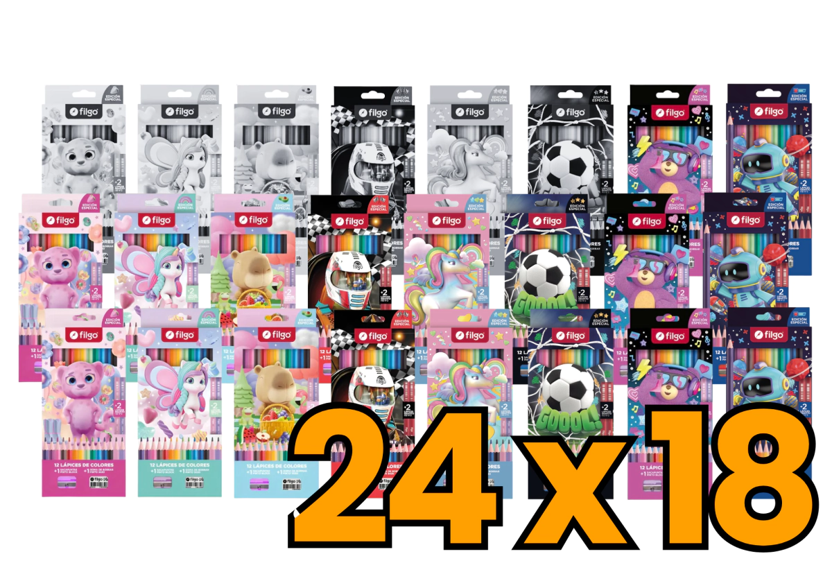 PROMO FILGO LAPICES COLOR FANTASIA x 12 + GOMA + SACAP + GRAF. (Paga 18 Lleva 24 Estuches)