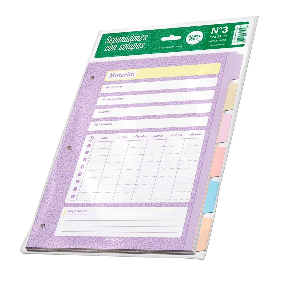 SEPARADOR RAPEL PACK N�3 C/SOLAPA Y HORARIO PASTEL x 6u