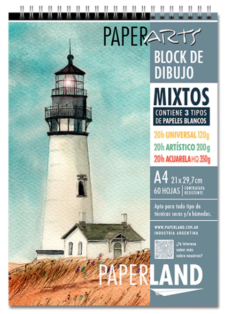 BLOCK PAPERLAND ARTS A3 MIX  UNIVERSAL 120grs - ARTISTICO 200grs - ACUARELA 350grs x 60hjs