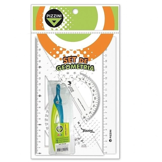 SET GEOMETRICO PIZZINI 3 PIEZAS 20cm + COMPAS PLAST.
