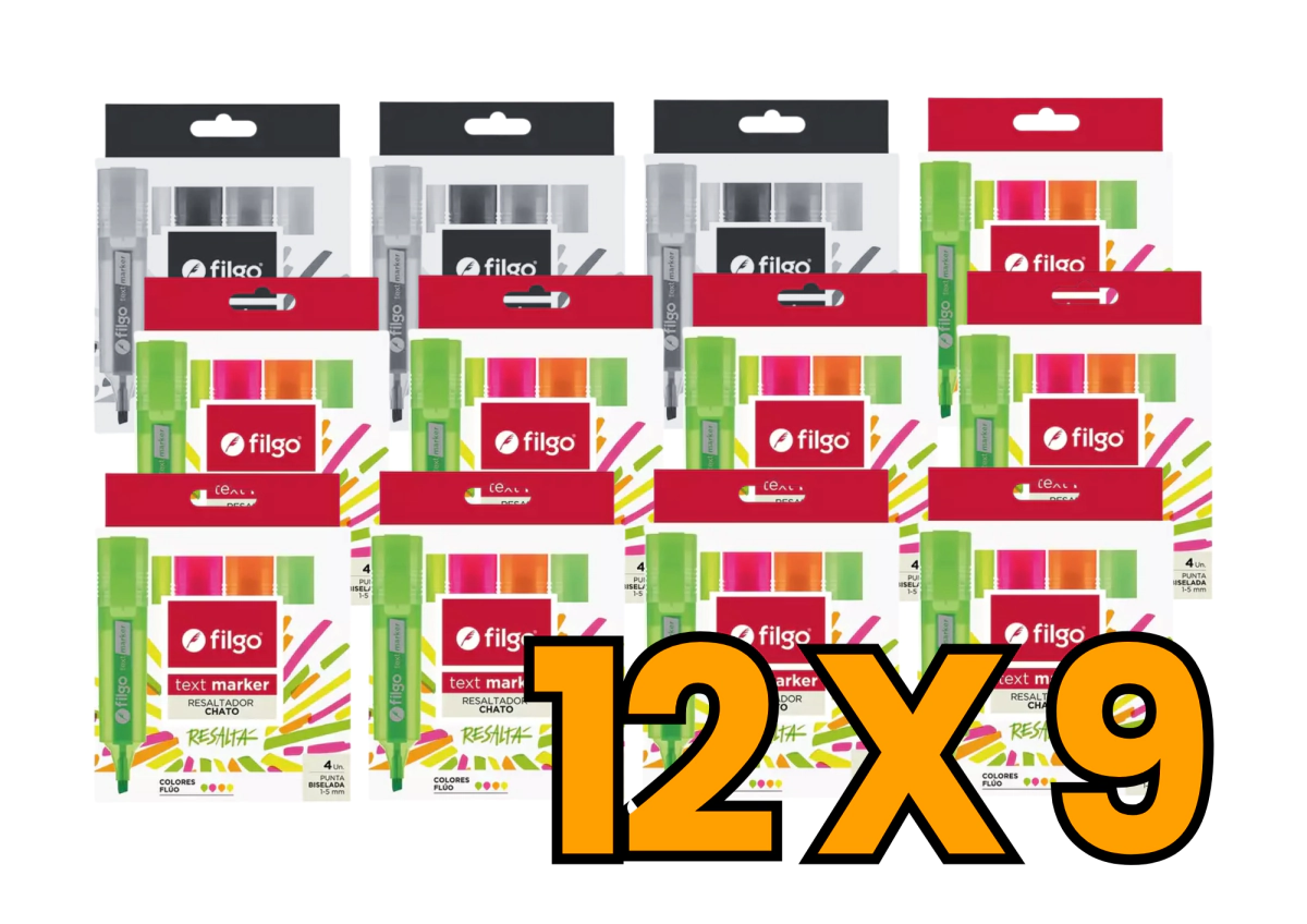 PROMO FILGO RESALTADOR TEXT MARKER ESTUCHE x 4u FLUO (Paga 9 Lleva 12 Estuches)
